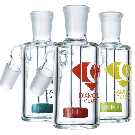 Diamond Glass Jewel Ash Catchers in assorted colors with 14mm male joint at 45 and 90 degrees, front view