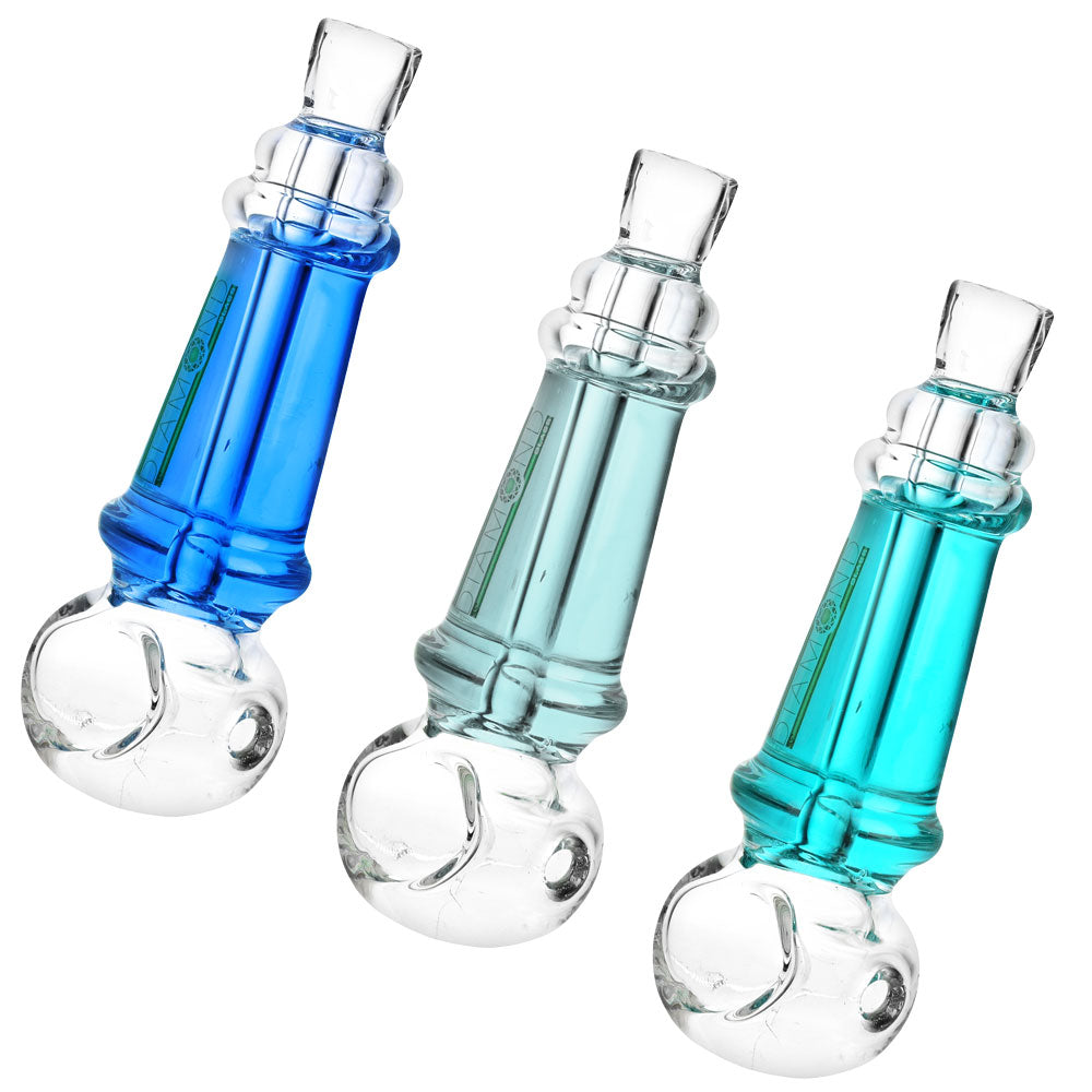 Diamond Glass Glycerin Spoon Pipes in blue, clear, and teal, 5" with deep bowls - Front View