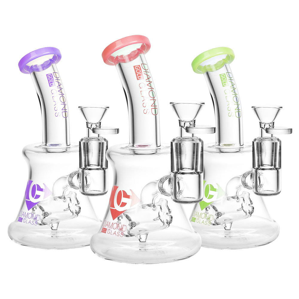 Diamond Glass Gold Hammer Perc Bongs in various colors with deep bowls, front view on white background