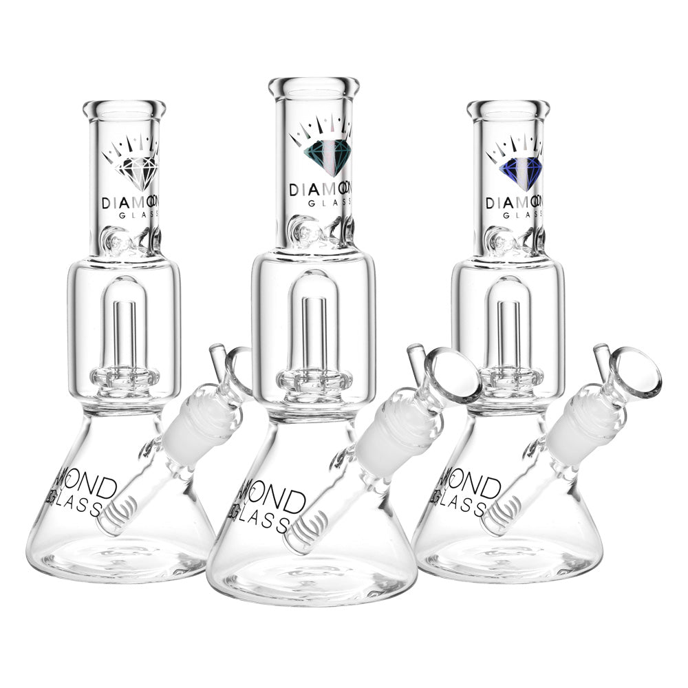 Diamond Glass Gold Little Beaker Bongs in various colors with logo, front view