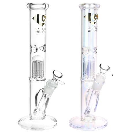 Diamond Glass Gold Pearl 8-Arm Perc Water Pipe, 12" tall, front and angle views on white