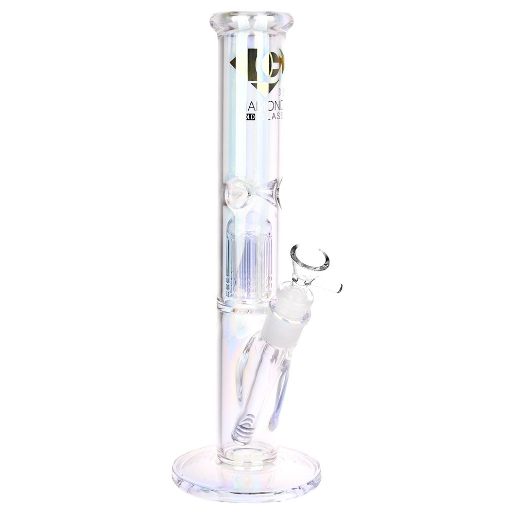 Diamond Glass Gold Pearl 8-Arm Perc Water Pipe, 12", Front View on White Background