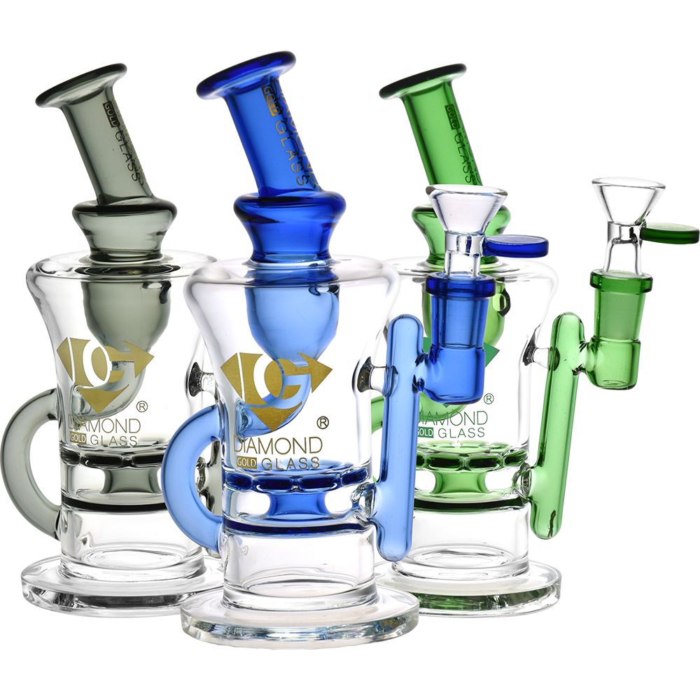 Diamond Glass Gold Ratchet Perc Recycler Water Pipe | 8" | 14mm F | Colors Vary