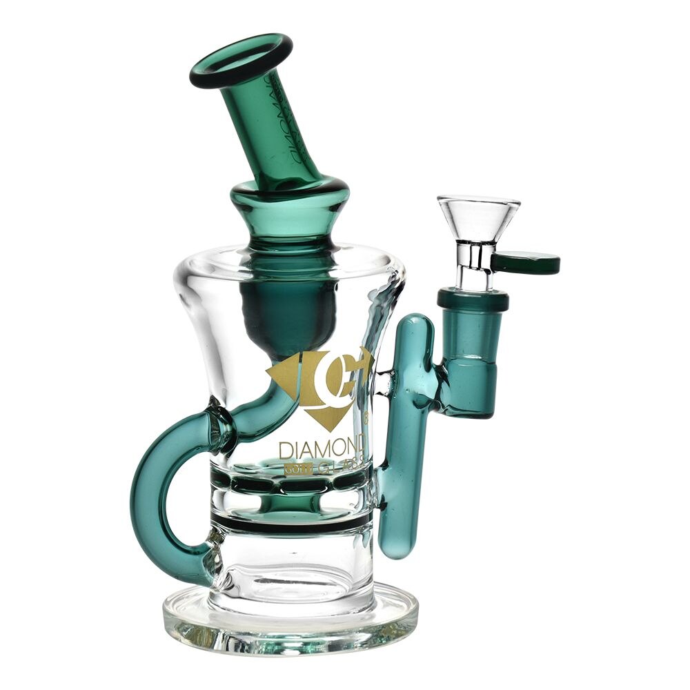 Diamond Glass Gold Ratchet Perc Recycler Water Pipe | 8" | 14mm F | Colors Vary