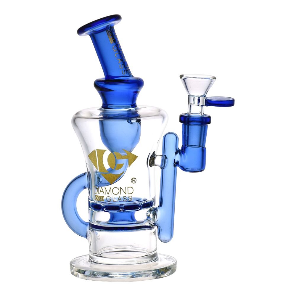 Diamond Glass Gold Ratchet Perc Recycler Water Pipe | 8" | 14mm F | Colors Vary