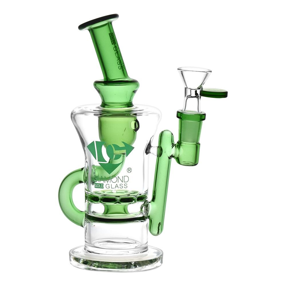 Diamond Glass Gold Ratchet Perc Recycler Water Pipe | 8" | 14mm F | Colors Vary