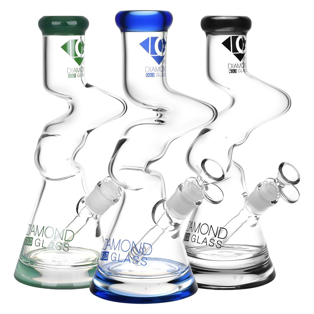 Diamond Glass Gold Zong Beaker Water Pipe | 10" | 14mm F | Colors Vary