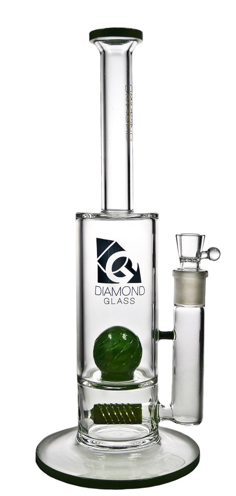 Diamond Glass 14'' Green Gridded Stem Line to Ball Water Pipe, Front View | DankGeek