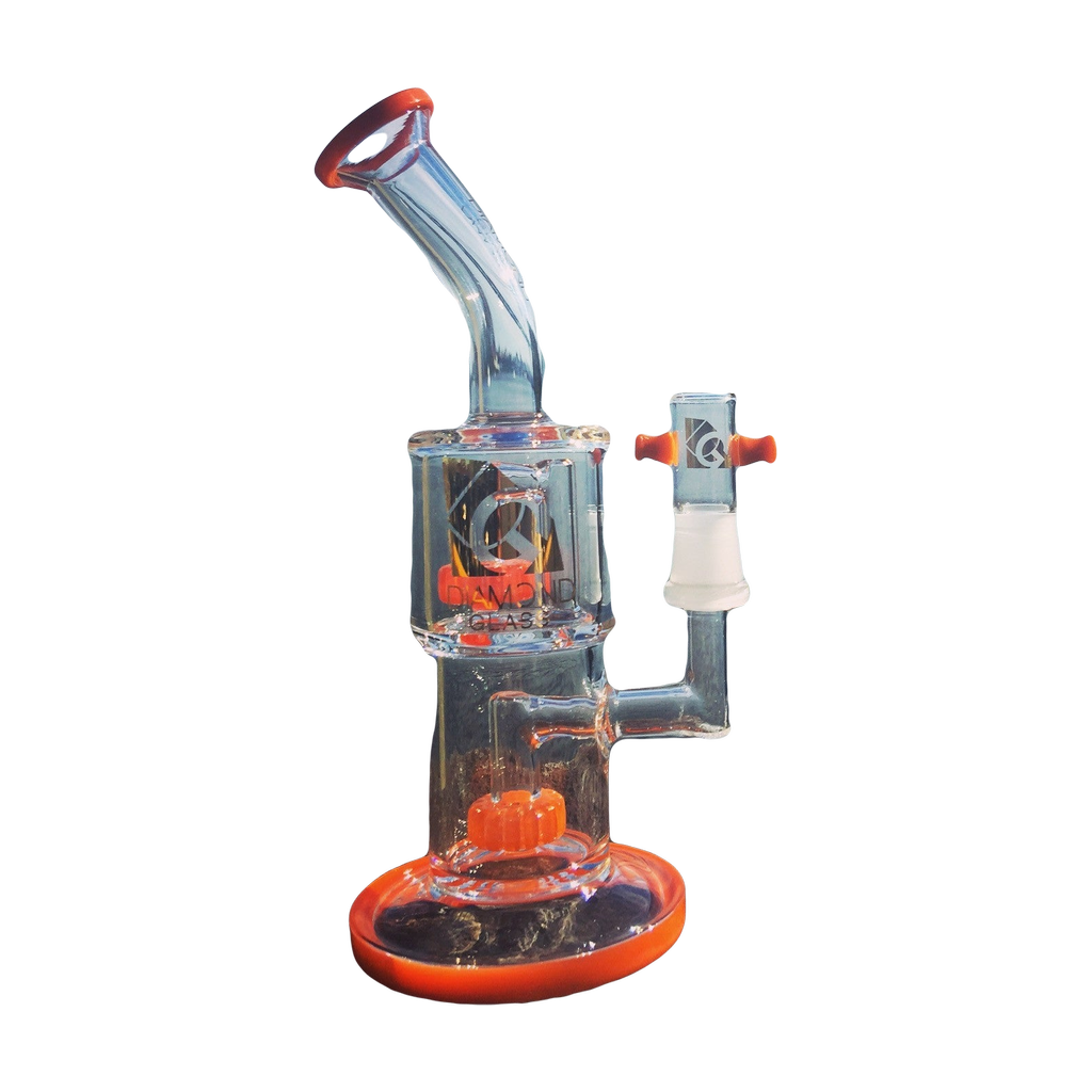 Diamond Glass Hang Man Circle Perc Dab Rig with orange accents by the waterside