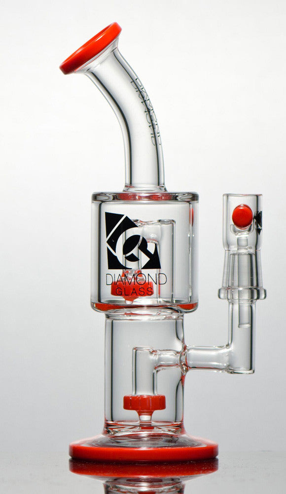 Diamond Glass Hang Man Circle Perc Dab Rig with Red Accents - Front View