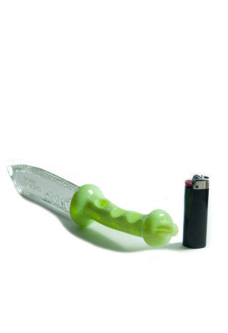 Diamond Glass Knife Handpipe in Green - 10" Length - Side View with Lighter for Scale