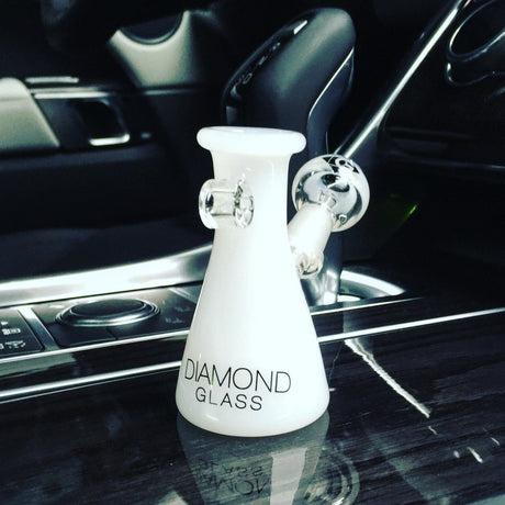 Diamond Glass - White Mini Beaker Pendant Dab Rig on Car Console - Compact Design