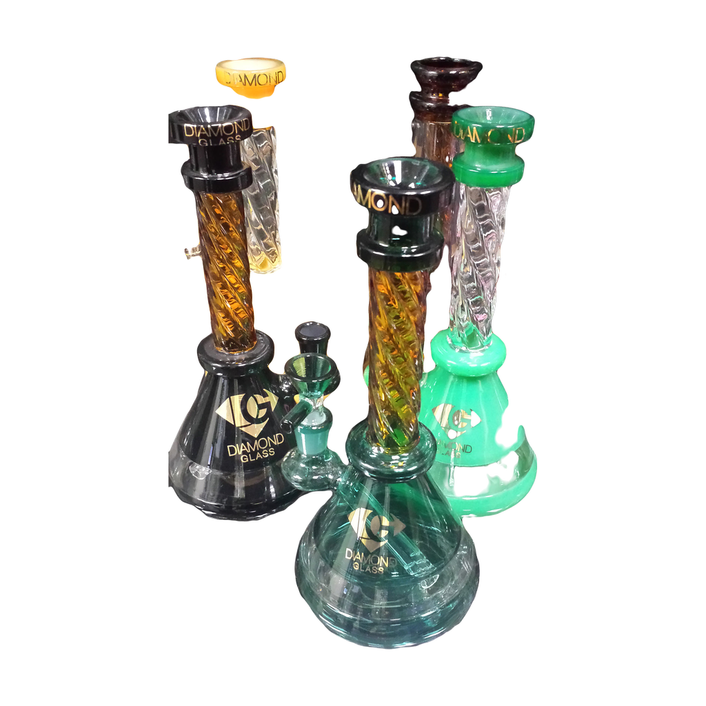 Diamond Glass Twist Beaker Bongs in various colors with slitted percolator, 9" height on display
