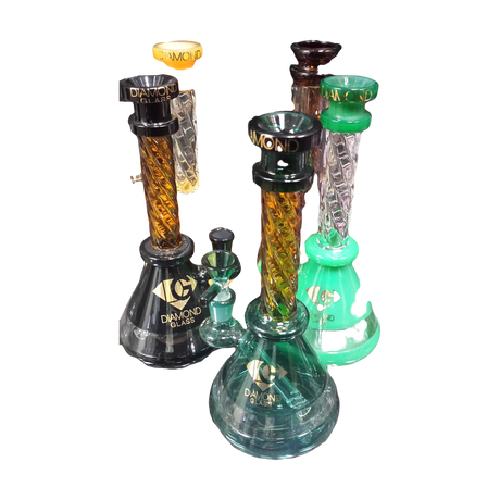 Diamond Glass Twist Beaker Bongs in various colors with slitted percolator, 9" height on display