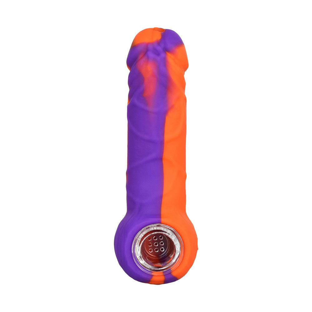Dick Energy Silicone Hand Pipe with Glass Bowl, Purple and Orange, Front View