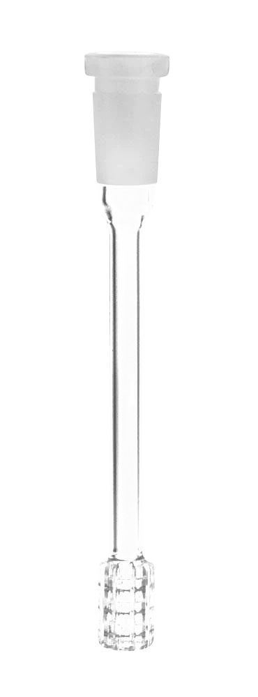 19mm male to 14mm female diffused downstem for bongs, clear borosilicate glass, front view