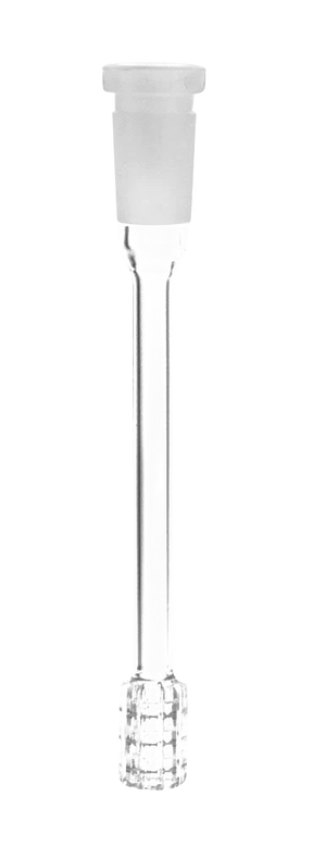 19mm male to 14mm female diffused downstem for bongs, clear borosilicate glass, front view