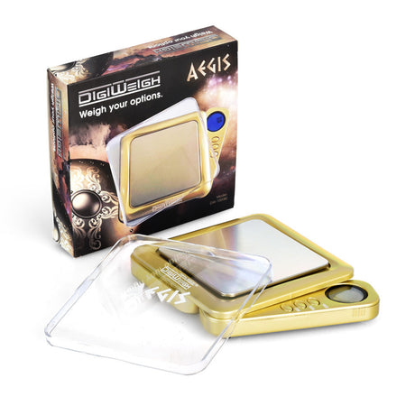 DigiWeigh Aegis Series Digital Pocket Scale in Gold, compact 3.75" design with clear cover, front view