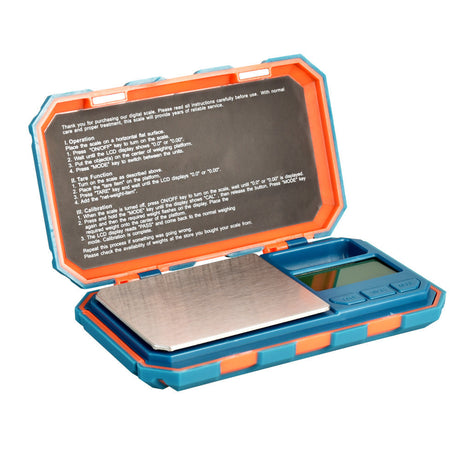 DigiWeigh Cyber Series Digital Pocket Scale in Blue Orange, Open Front View on White Background
