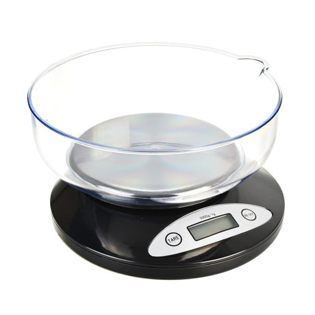 DigiWeigh Table Top Kitchen Scale with clear bowl, 11lbs capacity, front view on white background