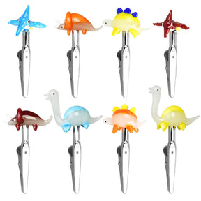 Assorted colorful dinosaur-shaped glass joint clips in a 30 pack, displayed on white background