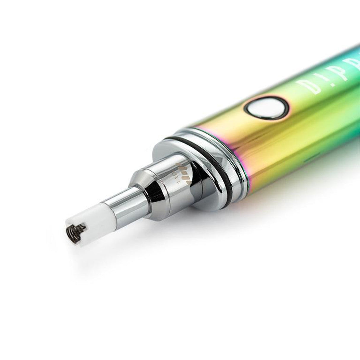 Dipper Vaporizer by Dip Devices in rainbow finish with quartz tip for concentrates, angled view