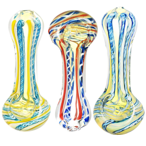 DNA Twist Spoon Pipes in various colors, compact design, front and side views, 4" borosilicate glass