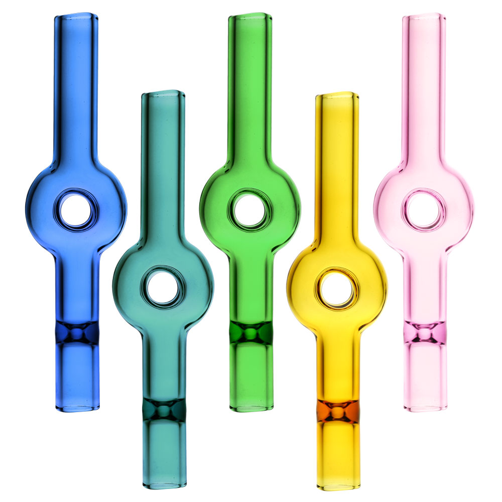 Assorted colors of Donut Style Glass Taster Bats, 4" Borosilicate, front view on white