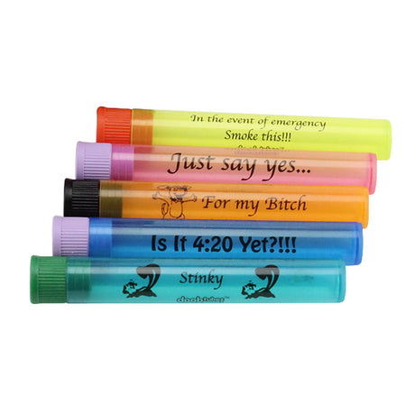 Assorted colored doobtubes with humorous phrases and glass pipe, 25pc display pack, front view