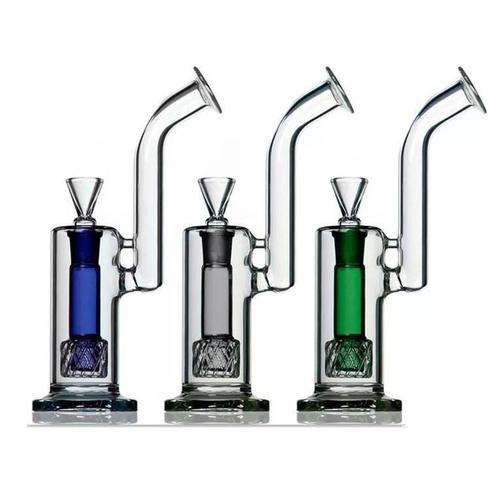 1Stop Glass Upright Weed Bubblers with Perc in blue, black, and green variants, side view on white background