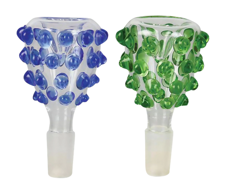 Blue and green dotted male herb slides made of borosilicate glass with heavy walls, front view