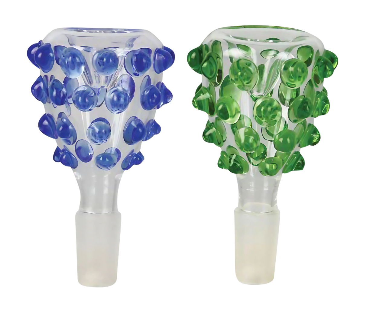Blue and green dotted male herb slides made of borosilicate glass with heavy walls, front view