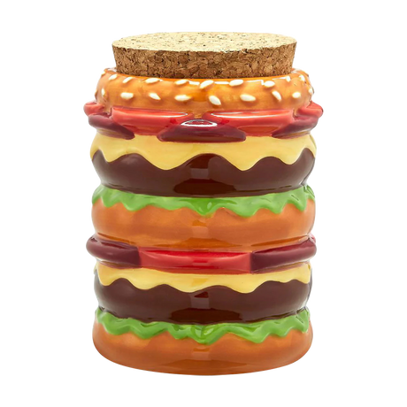 Double Cheeseburger Ceramic Stash Jar, 4" novelty design with cork lid, front view on white background