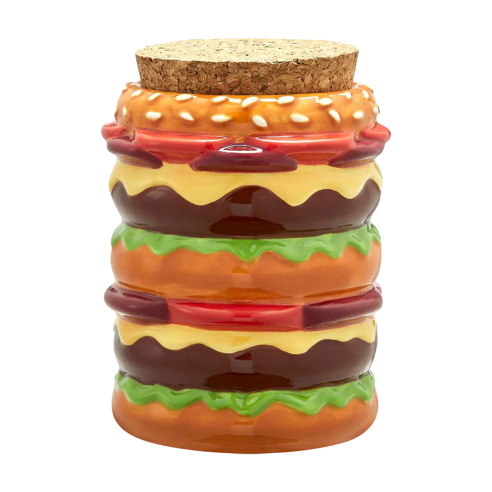 Double Cheeseburger Ceramic Stash Jar, 4" novelty design with cork lid, front view on white background