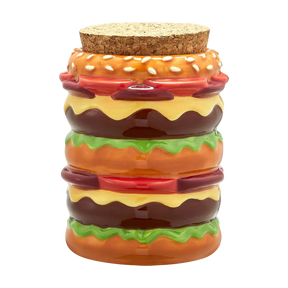 Double Cheeseburger Ceramic Stash Jar, 4" novelty design with cork lid, front view on white background