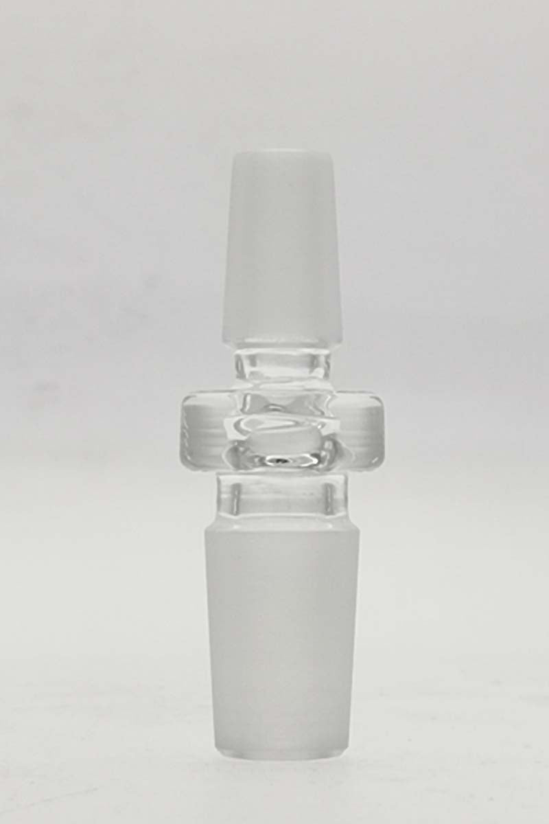 Thick Ass Glass Double Male Fittings Adapter, 14mm to 10mm, front view on white background