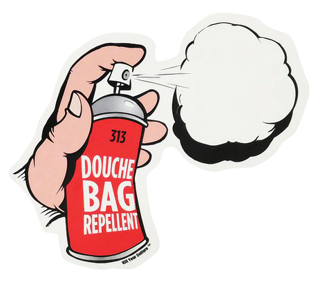 Douche Bag Repellent vinyl sticker resembling a spray can, 5" x 3.25", front view on white background