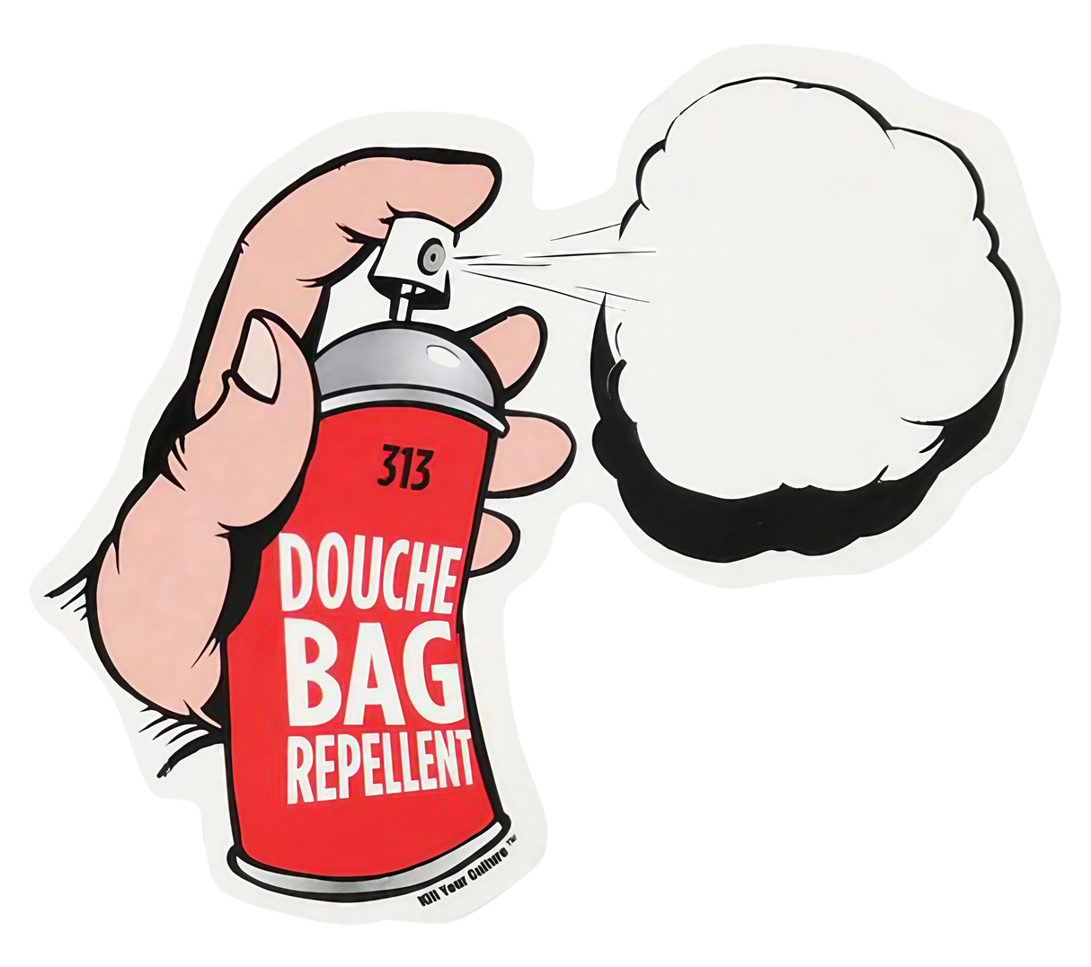 Douche Bag Repellent vinyl sticker resembling a spray can, 5" x 3.25", front view on white background
