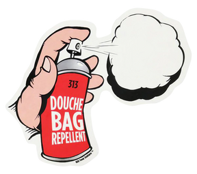 Douche Bag Repellent vinyl sticker resembling a spray can, 5" x 3.25", front view on white background