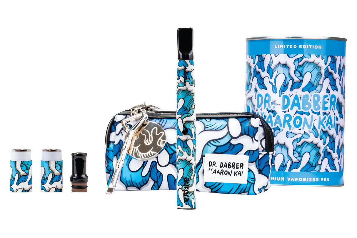 Dr Dabber Aurora Vaporizer Limited Aaron Kai Edition with blue wave design and accessories