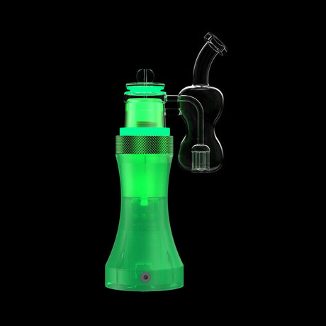 Dr Dabber Switch vaporizer in green glow with glass attachment, for dry herbs and concentrates.