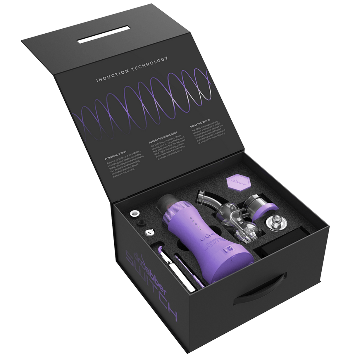 Dr. Dabber Switch Vaporizer in Skunk Purple, Limited Edition, displayed in box, angled view