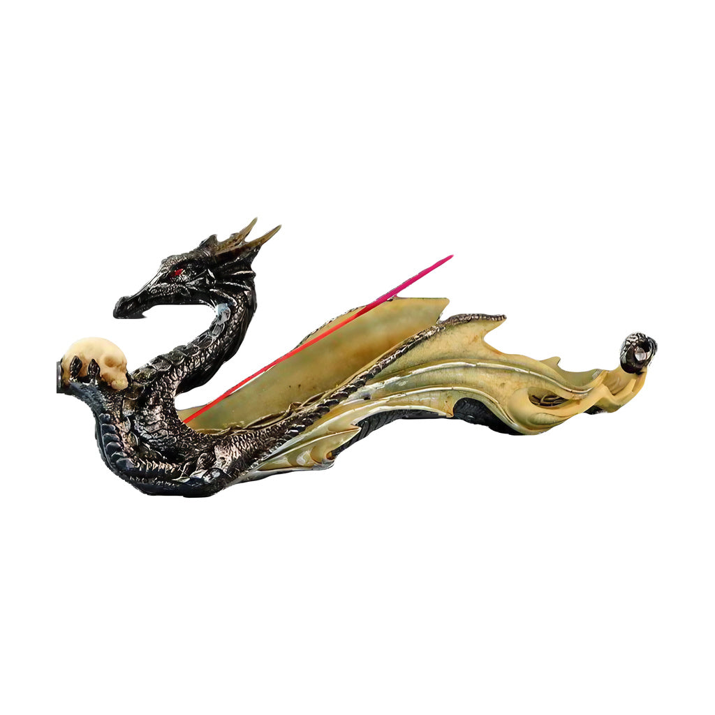 Polyresin Dragon Holding Skull Incense Burner, 12" Size, Intricate Detailing, Side View