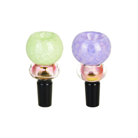 Dreamless Dots 14mm Male Herb Slide in green and purple, borosilicate glass, front view on white background