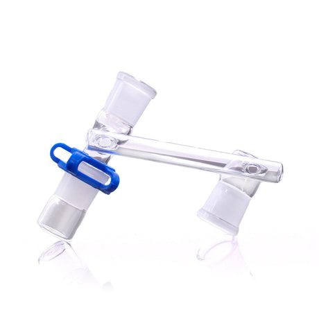 The Stash Shack 90 Degree Dropdown Reclaim Catcher Adapter, Female 18mm, Clear Glass with Blue Clip