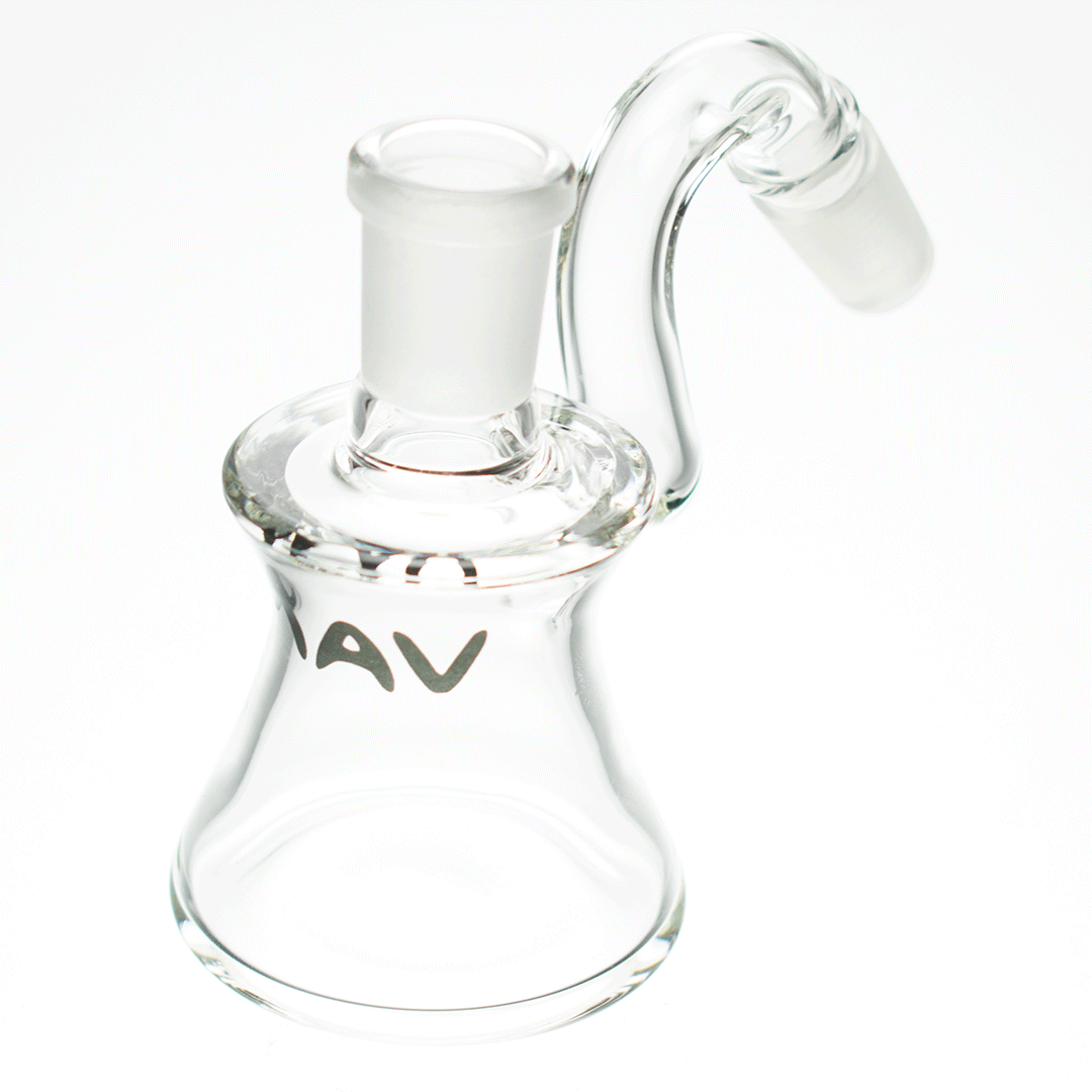 MAV Glass Dry Ash Catcher 14mm/45° angle, clear glass with MAV logo, front view