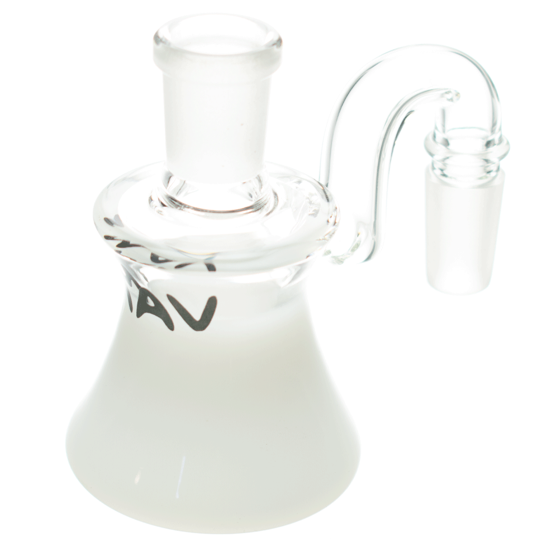 MAV Glass Dry Ash Catcher 14mm/90° with Clear Glass and MAV Logo - Angled View