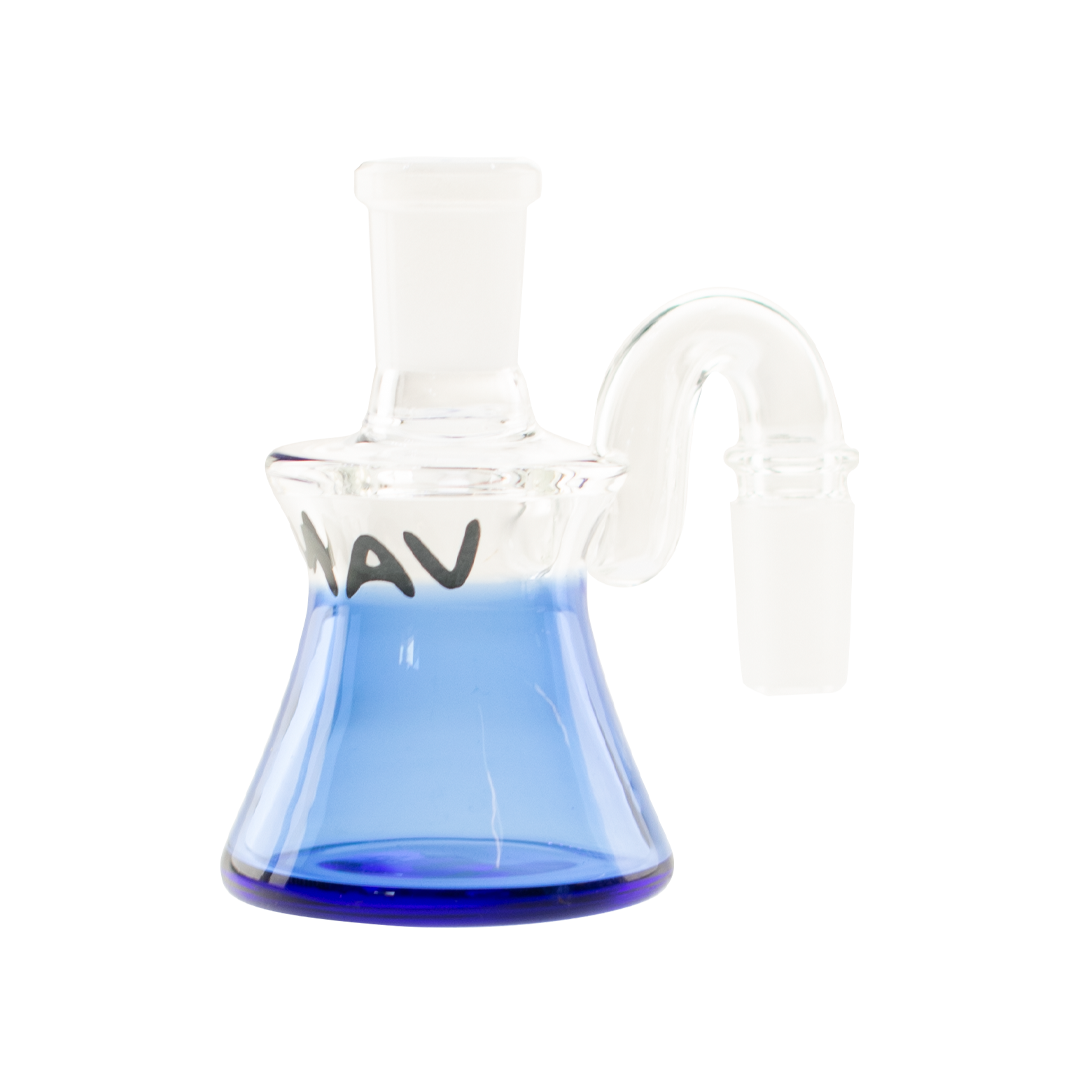 MAV Glass Dry Ash Catcher 14mm/90° with Blue Base, Front View on Seamless White Background