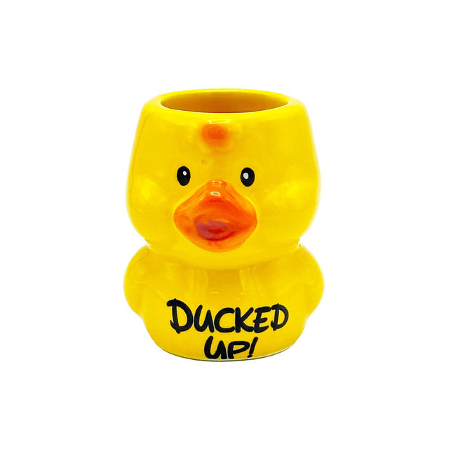 Ducked Up Ceramic Shot Glass, 2oz yellow duck-shaped novelty cup, front view on white background