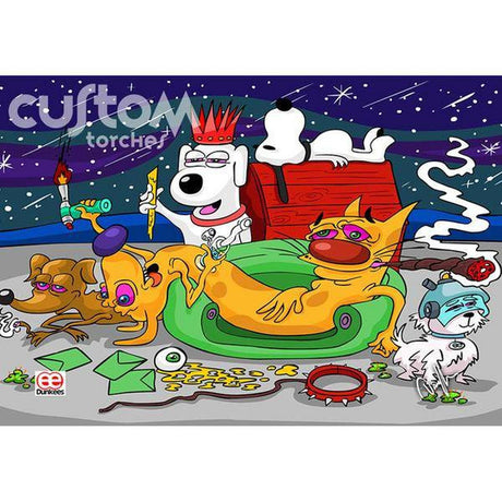 Dunkees Custom 6" Torch - Dawgs design with vibrant cartoon dogs and a space background